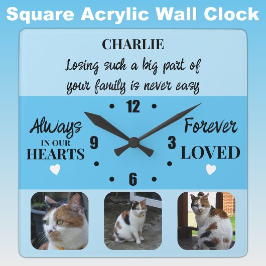 Horloge Carrée Perte de chats Keepsaké Memorial bleu