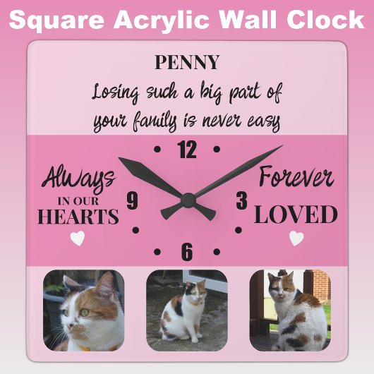 Horloge Carrée Perte de chats Keepsaké Memorial rose