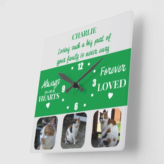 Horloge Carrée Perte de chats Keepsaké Memorial vert (Angle)