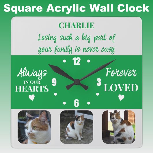 Horloge Carrée Perte de chats Keepsaké Memorial vert