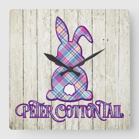 Horloge Carrée Peter Cottontail Purple Plaid Bunny de Pâques (Recto)
