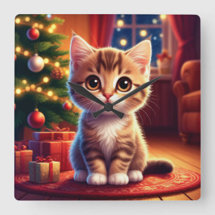 Horloge Carrée Petit chaton assis à côté d'un sapin de Noël lumin