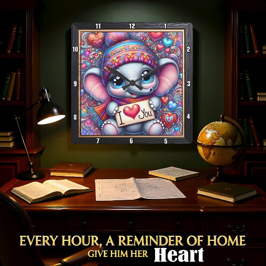 Horloge Carrée Petit Éléphant Je T'Aime