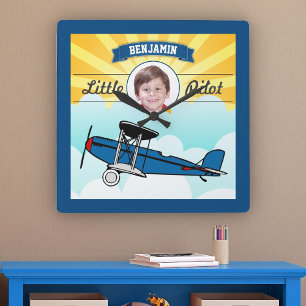 Horloge Carrée Petit pilote d'avion bleu Nom Photo Chambre d'enfa