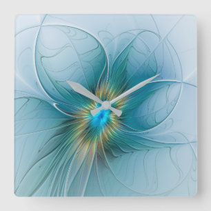 Horloge Carrée Petite Beauté Moderne Fleur d'Art Fractal Bleu Or