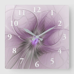 Horloge Carrée Petite Beauté Moderne Fleur d'Art Fractal Gris Mau