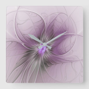 Horloge Carrée Petite Beauté Moderne Mauve Grey Fractal Art Flowe