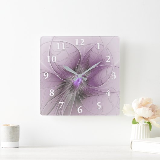Horloge Carrée Petite Beauté Moderne Mauve Grey Fractal Art Flowe (Maison)