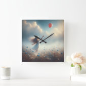 Horloge Carrée Petite Fille Avec Balloon Rouge (Maison)