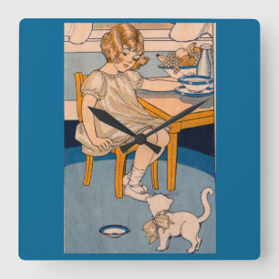 Horloge Carrée Petite fille des années 1920 et son petit chat bla