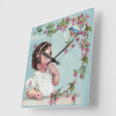 Horloge Carrée Petite fille et oiseau bleu (Angle)