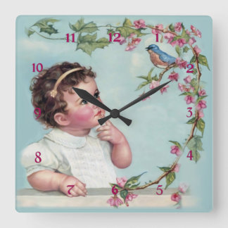 Horloge Carrée Petite fille et oiseau bleu