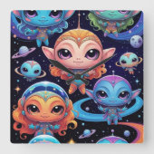 Horloge Carrée Petits Aliens Multi-Couleurs dans l'Espace (Recto)