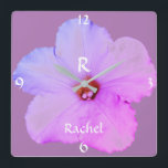 Horloge Carrée Petunia Floral Christmas Monogram Pink Cute<br><div class="desc">Designed with petunia flower abstract photo in the background with templates for monogrammed initial and name. Makes a beautiful personalized home decor vend.</div>