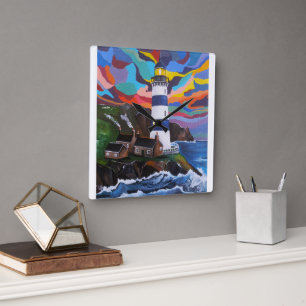 Horloge Carrée Phare au-dessus des vagues Peinture d'Alfred Fox