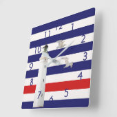 Horloge Carrée Phare bleu blanc rouge rayures nautiques (Angle)