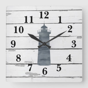Horloge Carrée Phare bleu marine Décor rustique