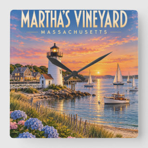 Horloge Carrée Phare de Martha's Vineyard au coucher du soleil Ma