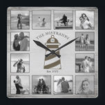 Horloge Carrée Phare nautique Bois rustique Noir Blanc Photos<br><div class="desc">Ce phare nautique design dispose d'un arrière - plan en bois gris patiné avec espace pour 12 photos, toutes en noir et blanc ! Cliquez sur le bouton personnaliser pour plus de flexibilité dans la modification/ajout de texte et d'éléments de conception ! Des variantes de cette conception ainsi que des...</div>