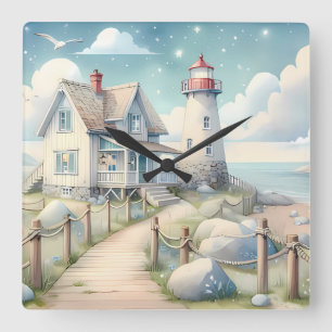 Horloge Carrée Phare Pastel de Rêve au Bord de la Mer