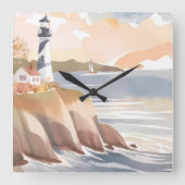 Horloge Carrée Phare sur la rive | Océan aquarelle (Recto)
