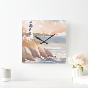 Horloge Carrée Phare sur le rivage   Océan aquarelle