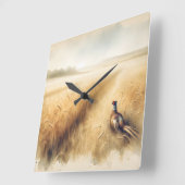 Horloge Carrée Phéasé d'automne dans la campagne du blé (Angle)