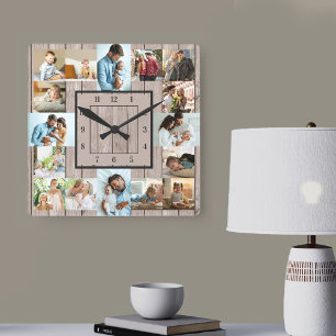 Horloge Carrée Photo Collage 16 Picture Light Wood Numbered