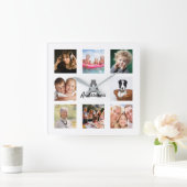 Horloge Carrée Photo collage familial monogram name (Maison)