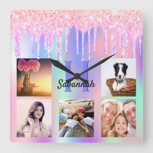 Horloge Carrée Photo collage parties scintillant rose arc-en-ciel