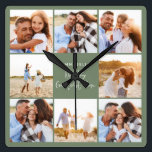 Horloge Carrée Photo collage sage vert poule moderne mère jour<br><div class="desc">Photo collage sauge vert girly moderne mère jour typographie design. Conception de texte de script moderne. Partie d'une collection.</div>
