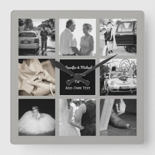 Horloge Carrée PHOTO COLLAGE Wedding Vow Renewal Anniversary Grey