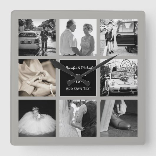 Horloge Carrée PHOTO COLLAGE Wedding Vow Renewal Anniversary Grey (Recto)