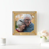 Horloge Carrée Photo d'anniversaire de 50 ans élégant or et diama (Maison)