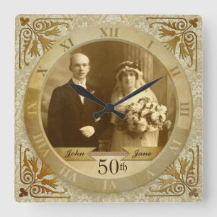 Horloge Carrée Photo de Clock Gold Damask Roman Numeral
