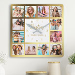 Horloge Carrée Photo de Collage Besties Gold White<br><div class="desc">Make this trendy elegant white and gold photo collage wall clock unique with 12 of your favorite photos with your best friend(s). Les objets de design ont donc été modernes avec des script and your names.</div>