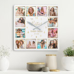 Horloge Carrée Photo de Collage Besties Gold White<br><div class="desc">Faites de cette horloge murale élégante en blanc et doré de collage photo design unique avec 12 de vos photos préférées avec votre meilleur(s) ami(s). Le design comprend également un script "Besties" écrit à la main,  vos noms et la date que vous avez rencontrée.</div>