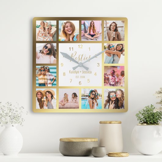 Horloge Carrée Photo de Collage Besties Gold White