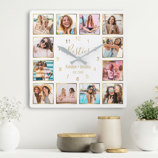 Horloge Carrée Photo de Collage Besties Gold White