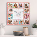 Horloge Carrée Photo de Custom Collage Besties Blush Pink Glitter<br><div class="desc">Make this trendy elegant white and blush pink photocollage wall clock unique with 12 of your favorite photos with your best friend(s). Donc le design est moderne avec le scries,  your names and the date you met.</div>