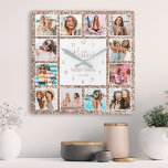Horloge Carrée Photo de Custom Collage Besties Rose Gold Glitter<br><div class="desc">Make this trendy elegant white and rose gold faux photo collage wall clock unique with 12 of your favorite photos with your best friend(s). Donc le design est moderne avec le scries,  your names and the date you met.</div>