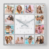 Horloge Carrée Photo de Custom Collage Besties Silver Glitter (Recto)
