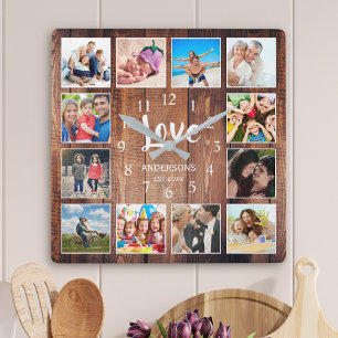 Horloge Carrée Photo de Custom Collage Rustic Farmhouse Love Fami