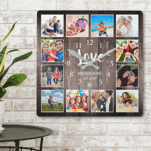 Horloge Carrée Photo de Custom Collage Rustic Farmhouse Love Fami