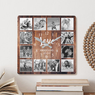 Horloge Carrée Photo de Custom Collage Rustic Farmhouse Love Fami