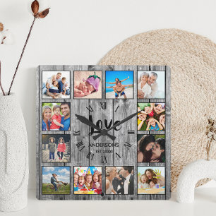 Horloge Carrée Photo de Custom Collage Rustic Farmhouse Love Fami