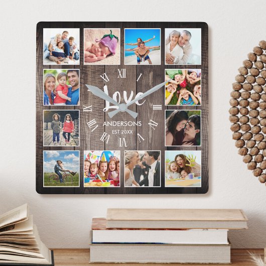 Horloge Carrée Photo de Custom Collage Rustic Farmhouse Love Fami