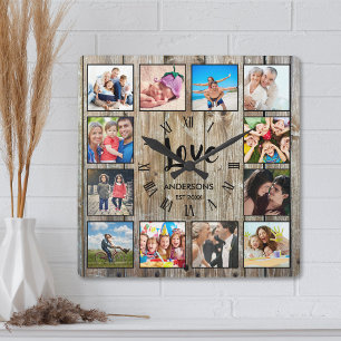 Horloge Carrée Photo de Custom Collage Rustic Farmhouse Love Fami