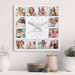 Horloge Carrée Photo de Custom Collage White Silver Best Friends<br><div class="desc">Make this trendy elegant white and silver photo collage wall clock unique with 12 of your favorite photos with your best friend(s). Donc le design est moderne avec le scries,  your names and the date you met.</div>