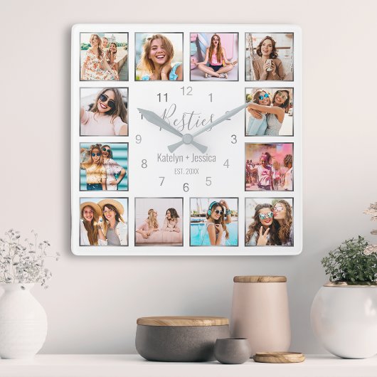 Horloge Carrée Photo de Custom Collage White Silver Best Friends